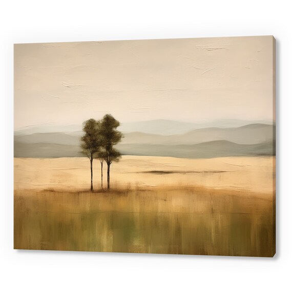 Vintage Country Landscape Trees Lake Muted Moody Painting Style Print Farmhouse Decor Art Neutral Nature Picture Wall Hanging