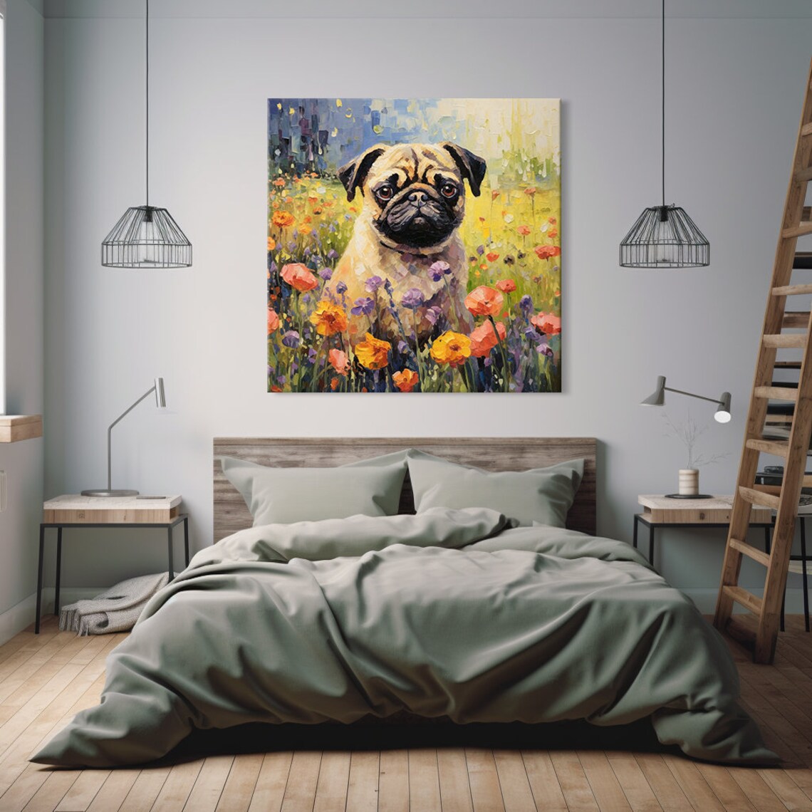 Cute Pug Dog Portrait in Colorful Wildflower Field Oil Painting Poster - Image 3