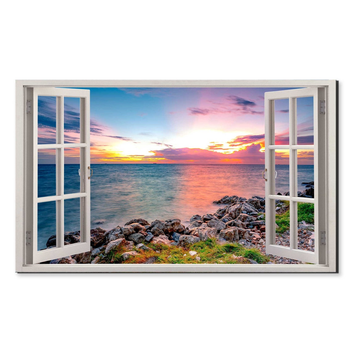 Open Window View Rocky Beach Sunset Seascape Golden Sky Travel Poster