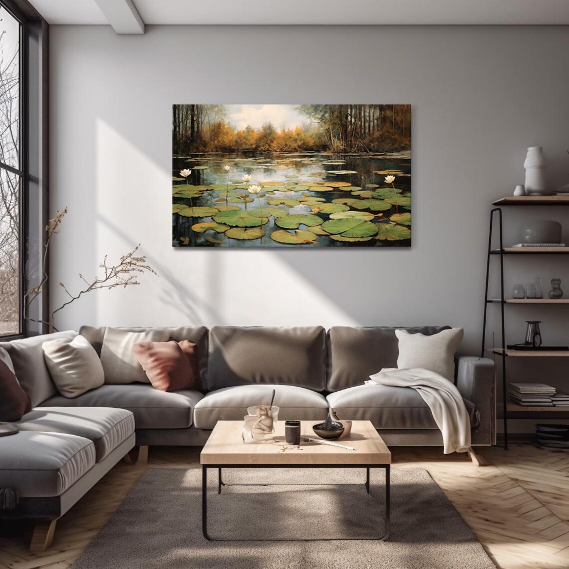 White Water Lilies Pond Reflections Autumn Woodland Vintage Poster - Image 4