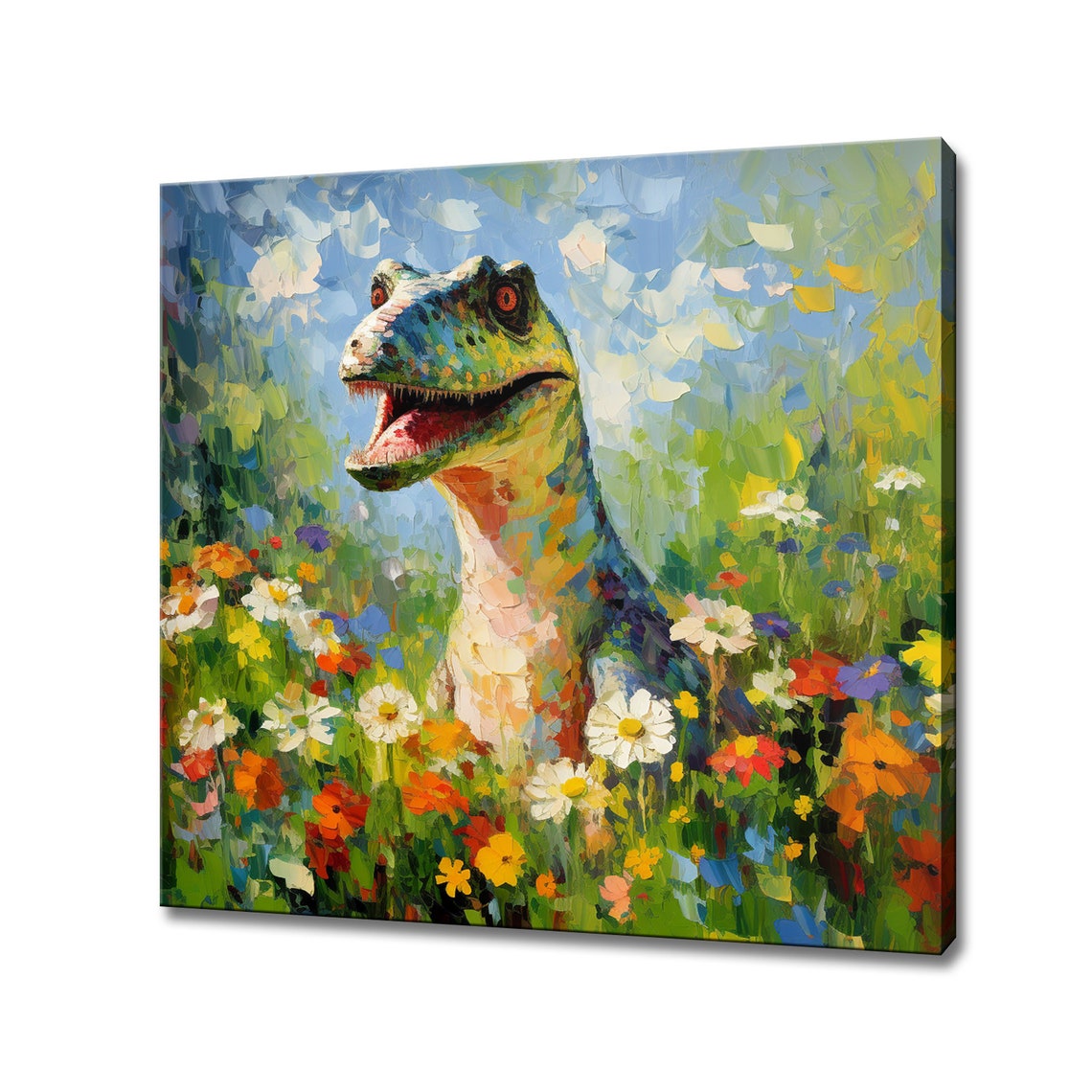 Happy Raptor Dinosaur Smiling In Wildflower Meadow Art Poster