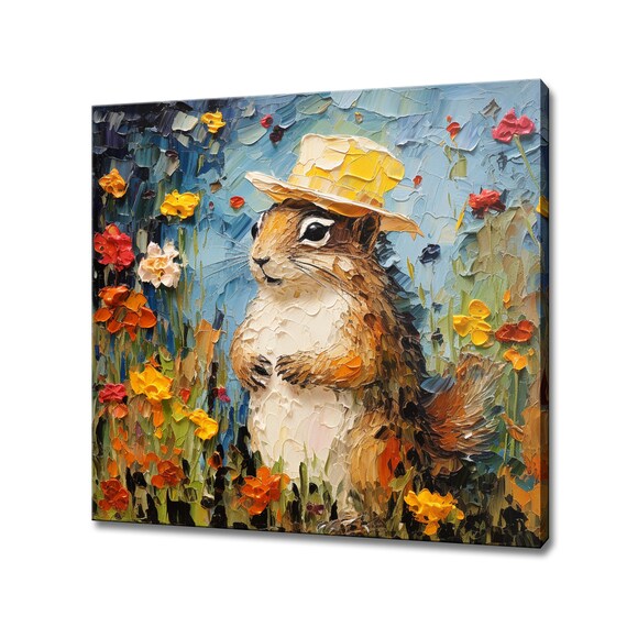 Chipmunk In Straw Hat Wildflower Garden Colorful Animal Portrait Poster