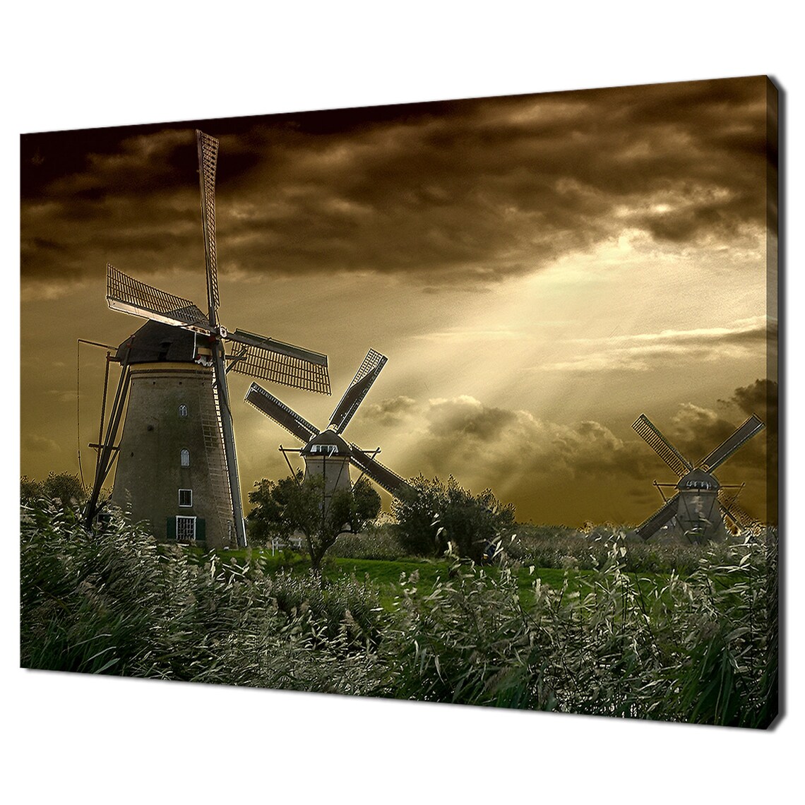 Windmills At Sunset, Modern Landscape Art Print