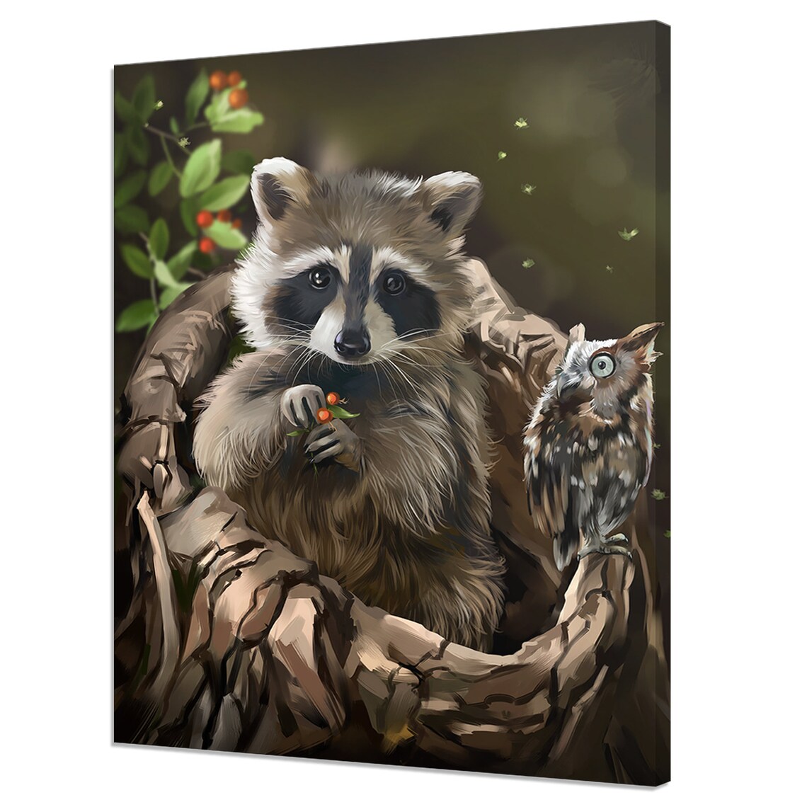 Raccoon and Owl Watercolour Art Print, Modern Design