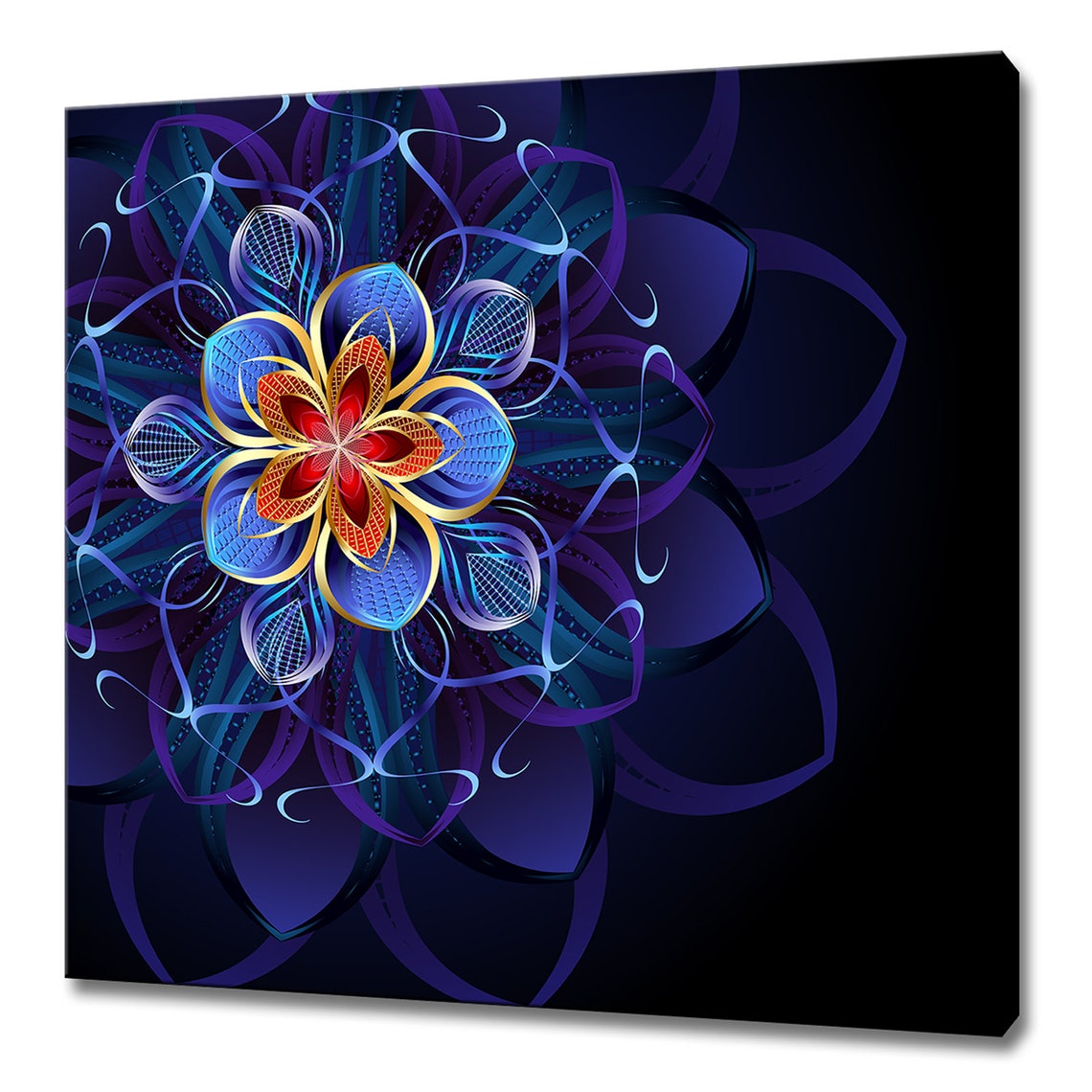 Abstract Blue Red Fractal Flower Mandala On Black Wall Art Poster