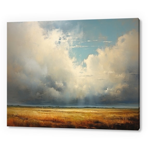 Cloudy Sky Above Dry Grass Field Vintage Landscape Painting Style Print Farmhouse Decor Art Neutral Nature Picture Wall Hanging