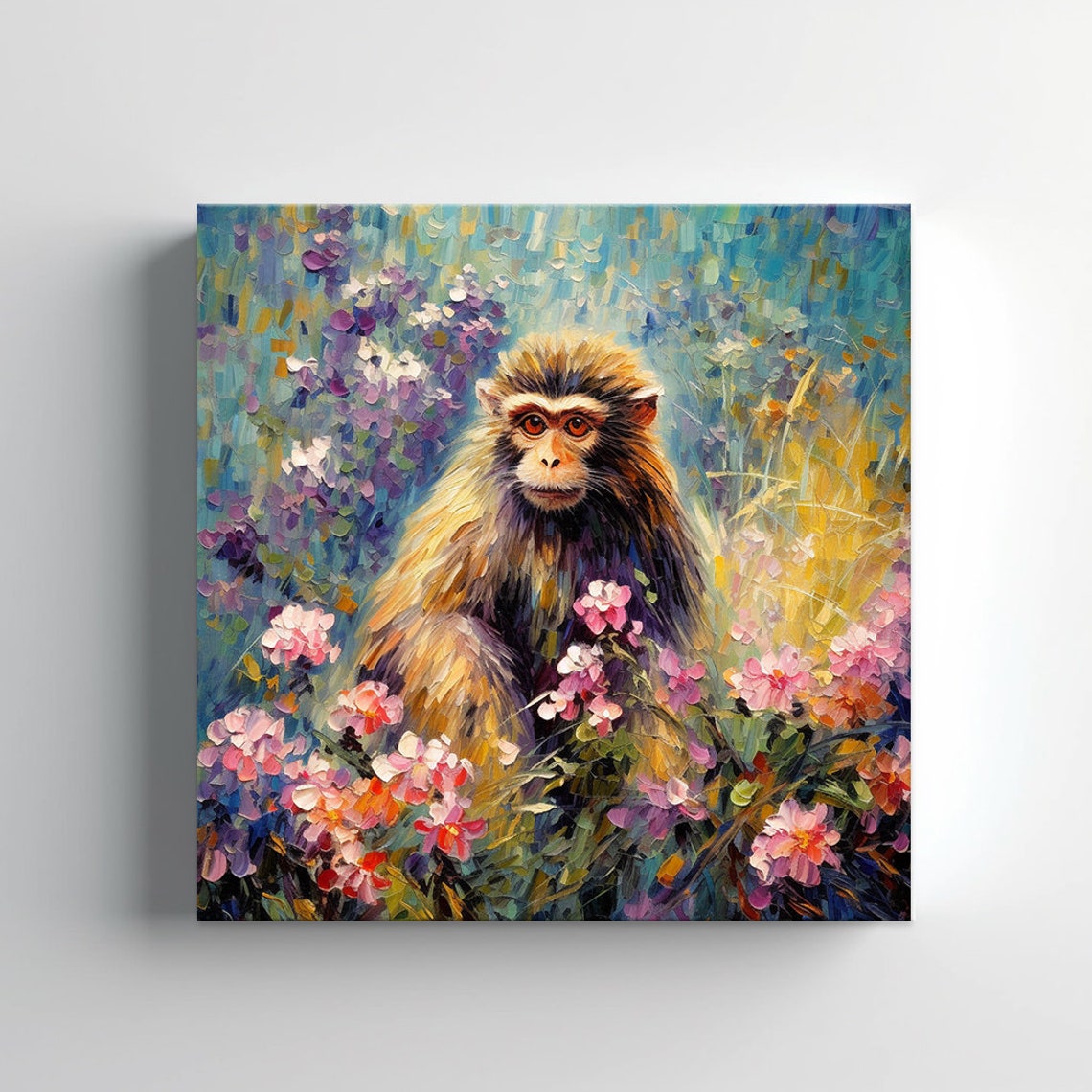Cute Shaggy Monkey Sitting Among Pink Blossoms Oil Painting Poster - Image 3