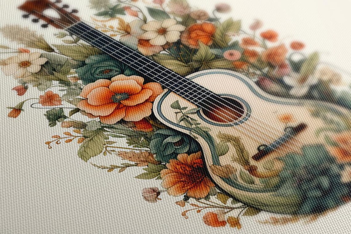 Acoustic Guitar Botanical Flowers Watercolor Music Floral Art Poster - Image 3