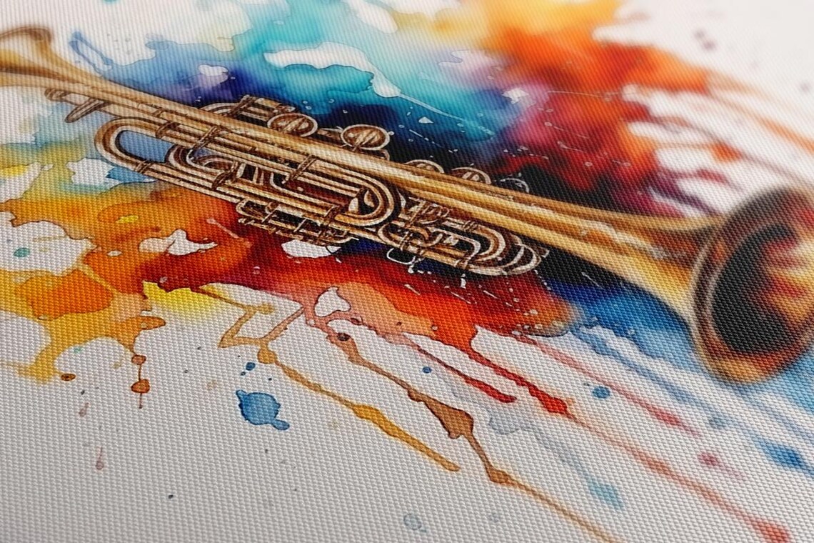 Golden Trumpet Colorful Splash Watercolor Jazz Instrument Music Poster - Image 2
