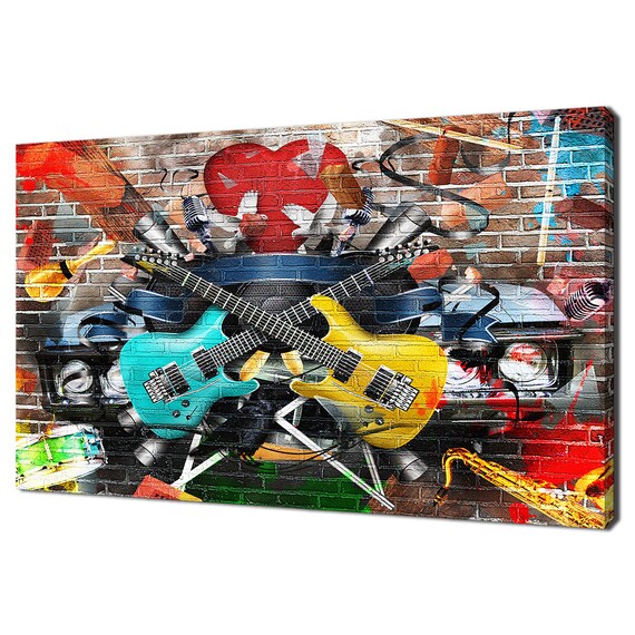 Graffiti Collage Of Electric Guitars Saxophone Music Instruments Poster