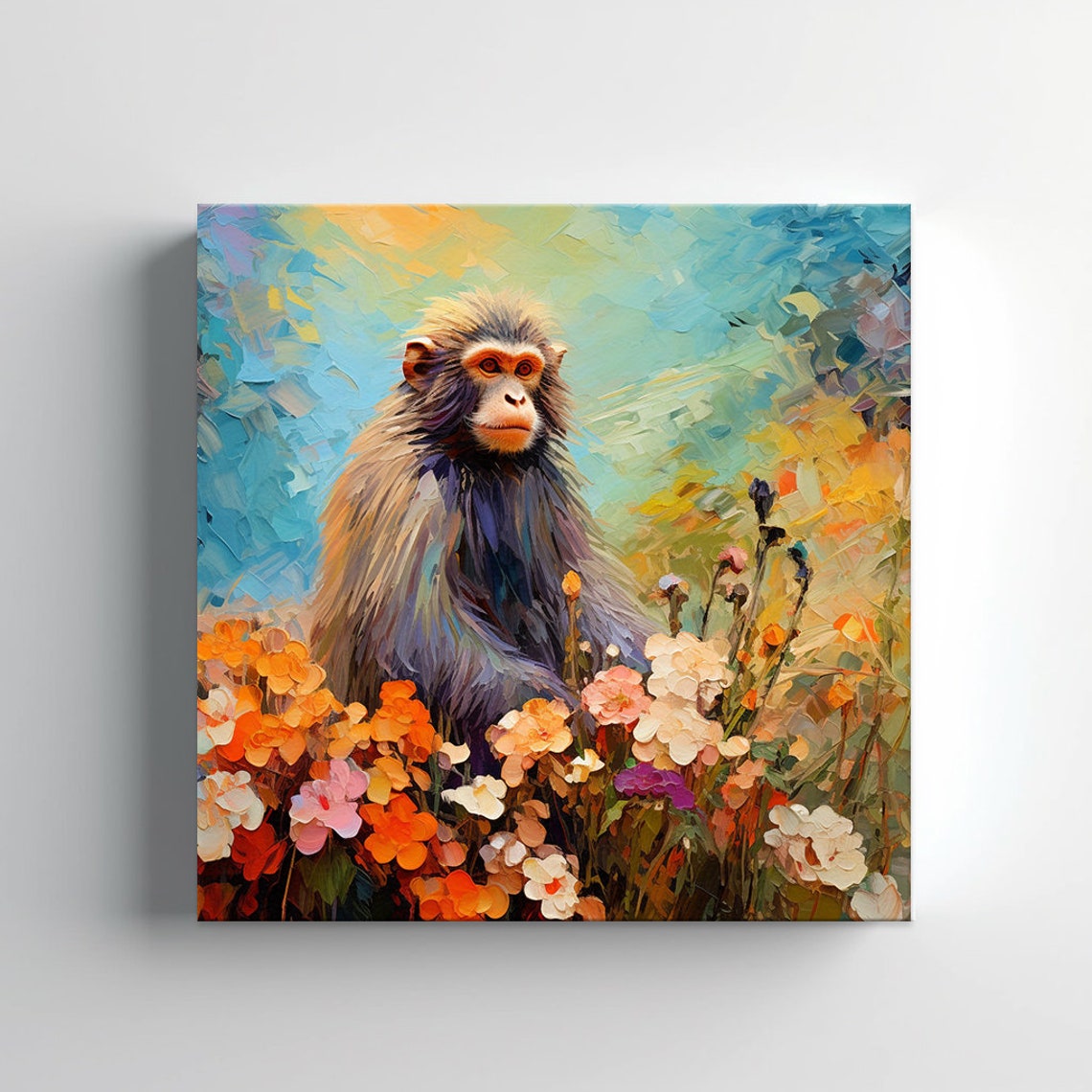 Shaggy Monkey Among Orange Blossoms Bright Turquoise Sky Poster - Image 4