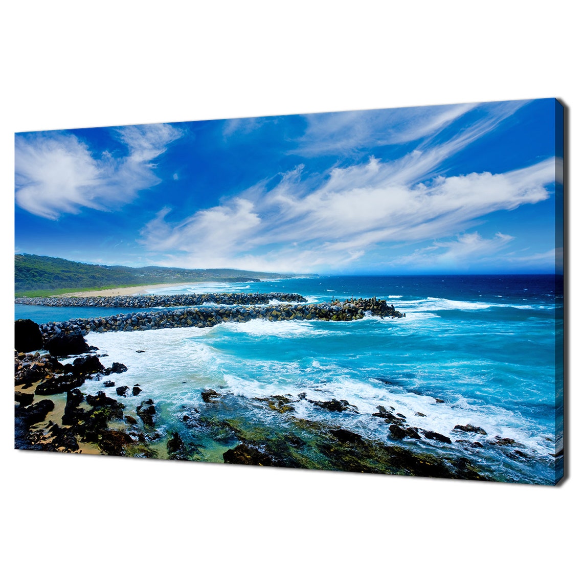 Turquoise Waves Crashing Rocks Breakwater Bright Blue Coast Poster