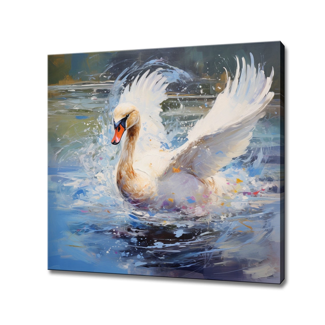 White Swan Wings Spread Splashing Water Dynamic Impressionist Poster