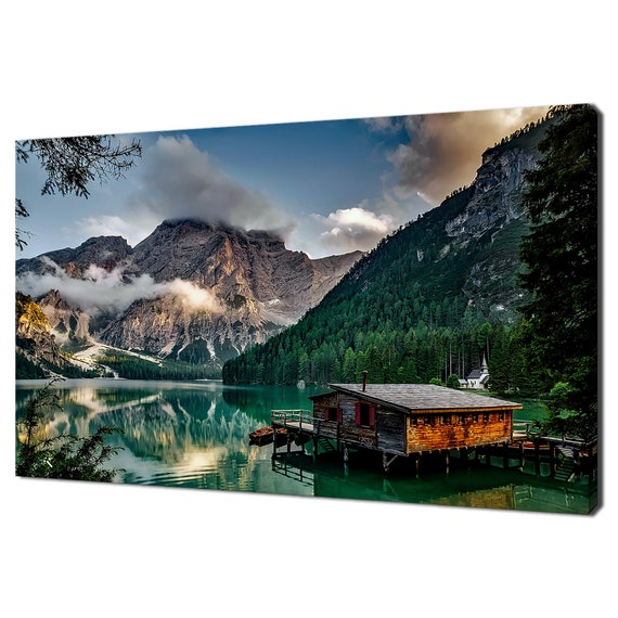 Mountains Green Lake Hut Landscpe Modern Design Home Office Decor Print Wall Art Picture