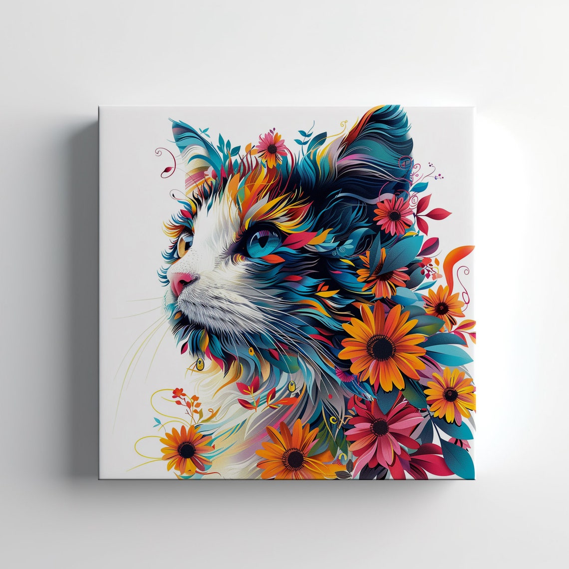 Colorful Floral Cat Portrait Vibrant Flower Crown Cat Art Print Poster