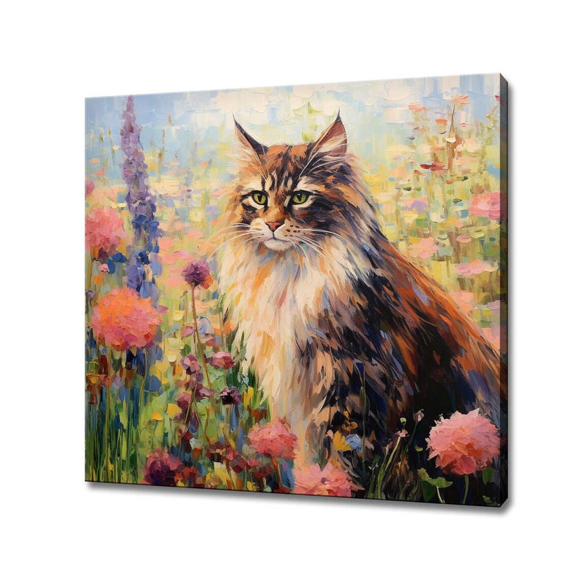 Long Haired Maine Coon Cat In Wildflower Field Colorful Cat Poster