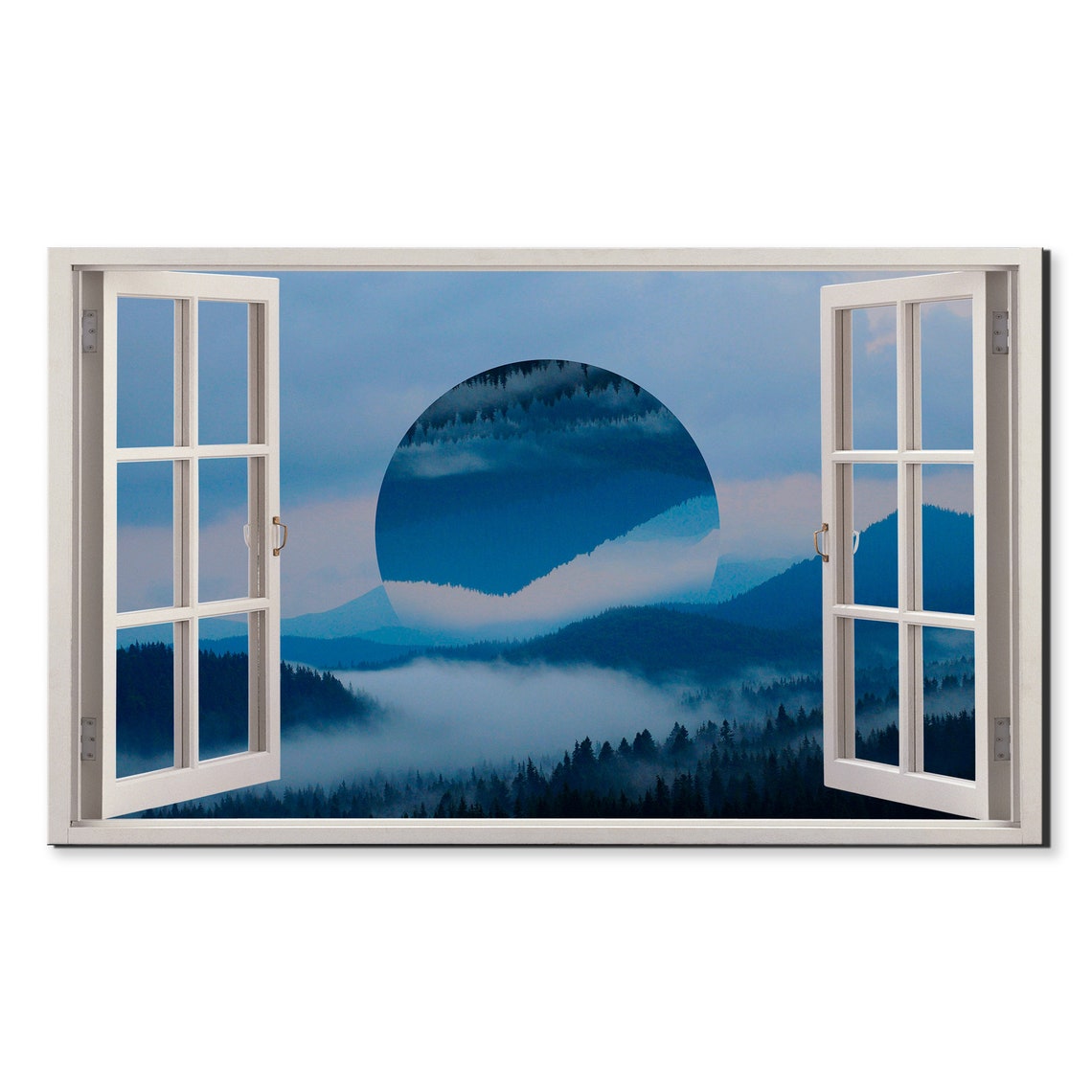 Blue Moon Mountains Abstract Window View Window Frame Style Modern Design Home Decor Print Wall Art Picture Ready To Hang
