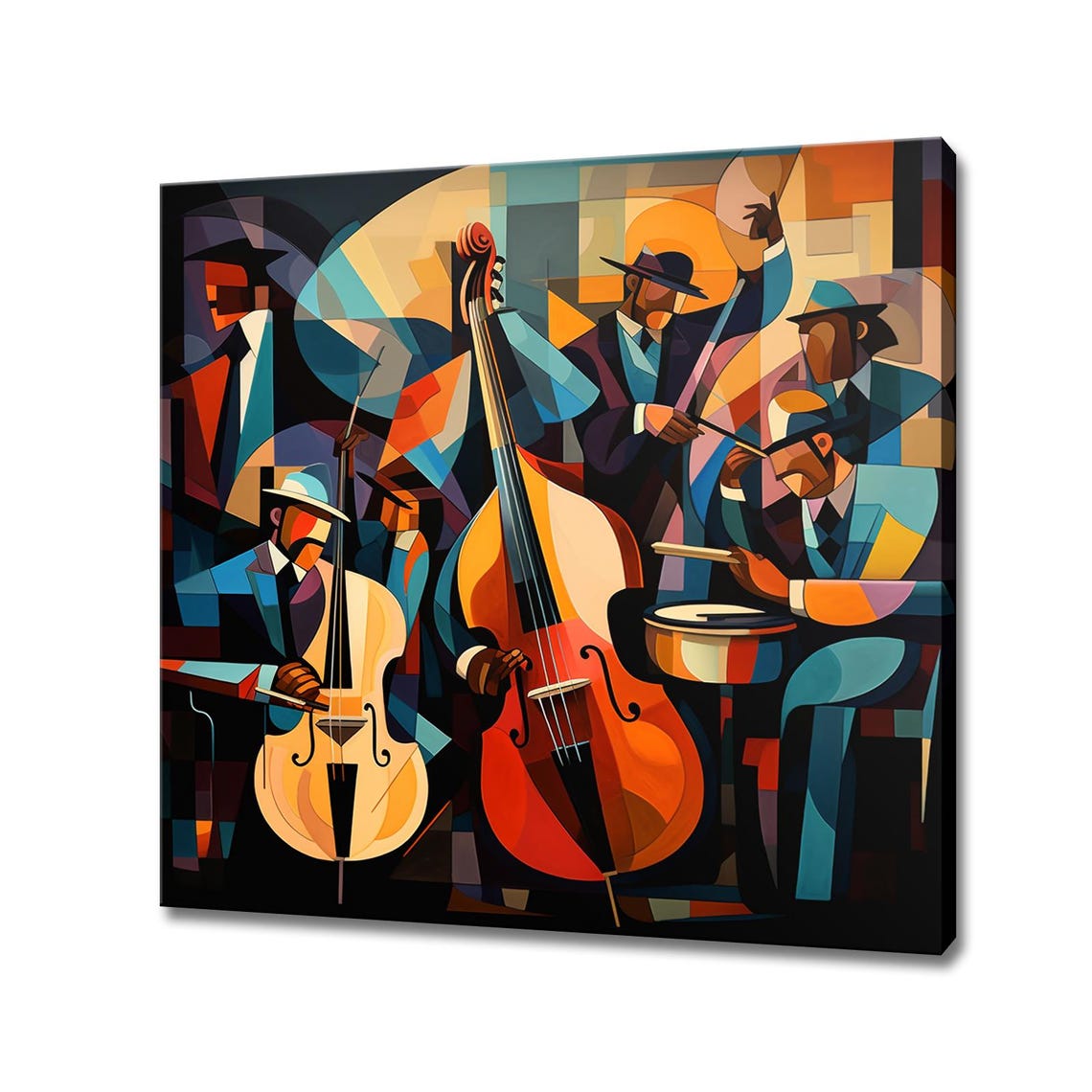 Cubist Jazz Band Double Bass Drums Colorful Abstract Music Poster