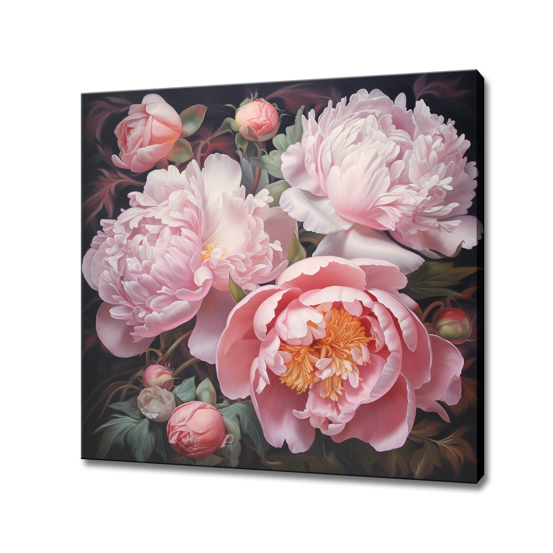 Pink Peony Bouquet With Buds Moody Oil Painting Floral Wall Art