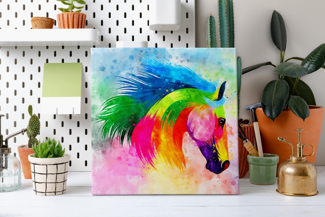 Horse Head Rainbow Watercolor Flowing Mane Abstract Profile Poster - Image 2