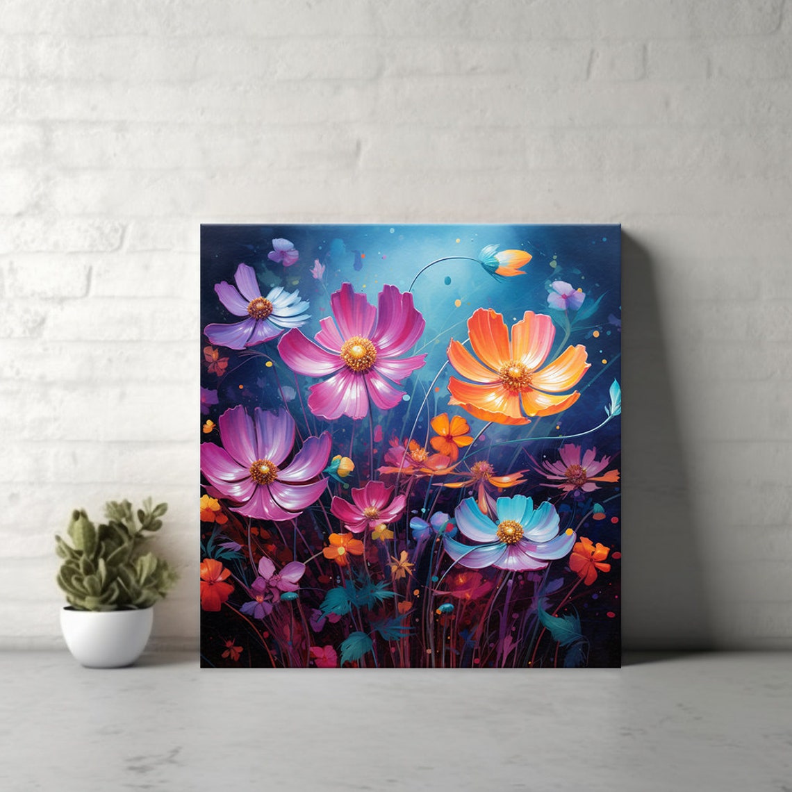 Cosmos Flower Meadow Pink Orange Blue Blooms Golden Centre Art Poster - Image 4