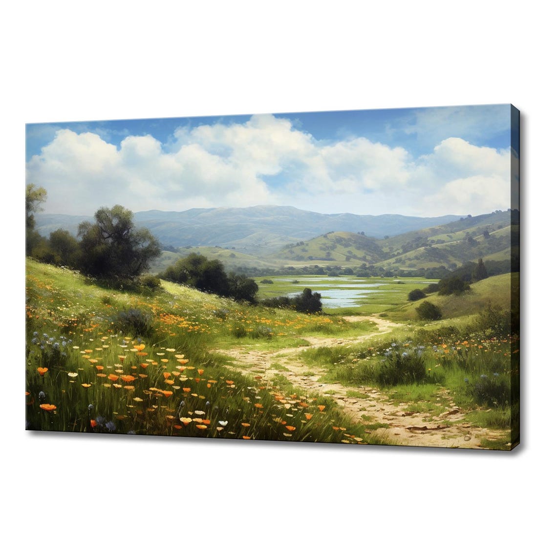 Flower Meadow Path Rolling Hills Vintage Countryside Landscape Poster