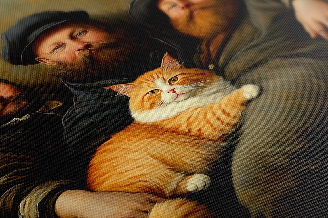 Three Bearded Men And Orange Tabby Cat Humorous Vintage Painting Print - Image 4