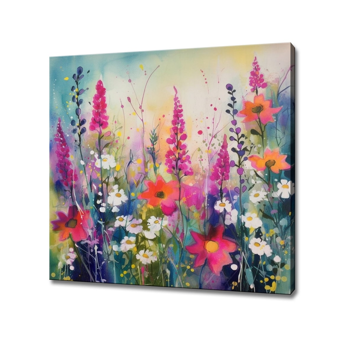 White Daisies Pink Lupines Wildflower Watercolor Pastel Garden Poster