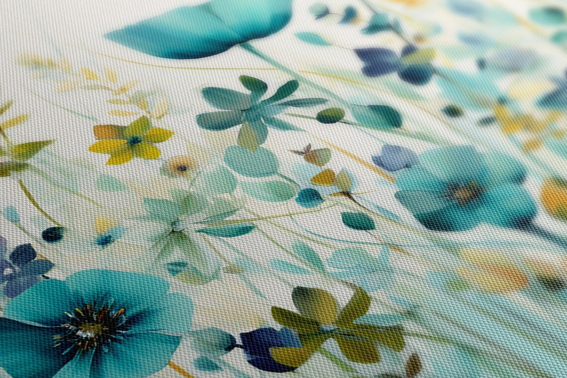 Pastel Teal Spring Wildflowers Meadow, Watercolour Art Print - Image 3
