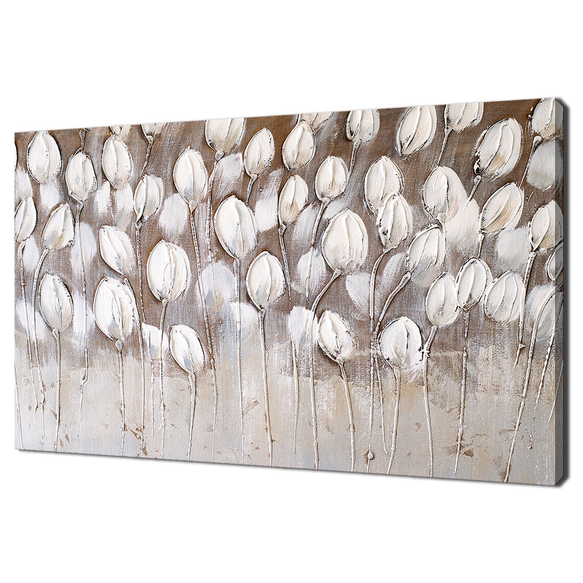 White Flower Buds Textured Impasto Oil Painting Neutral Wall Art