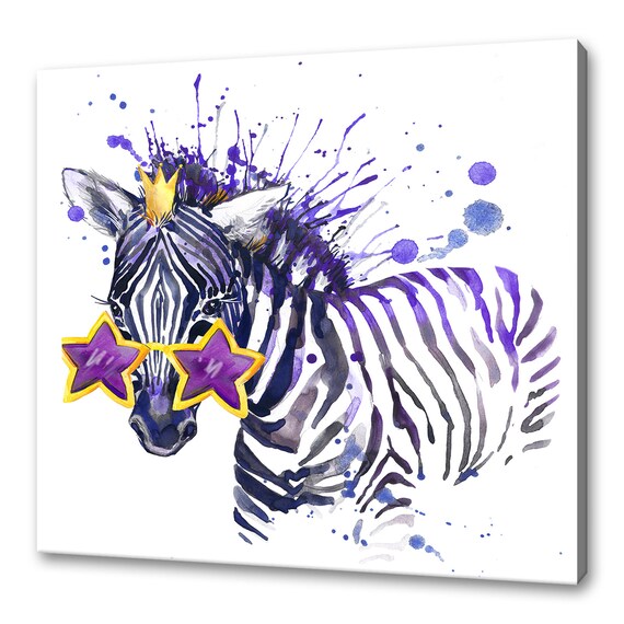 Purple Star Glasses Watercolor Zebra with Golden Crown Kids Art Poster
