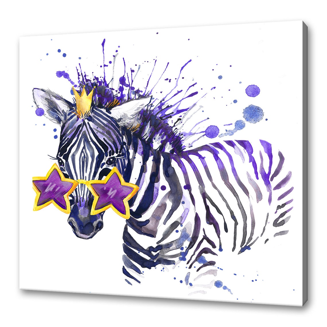 Purple Star Glasses Watercolor Zebra with Golden Crown Kids Art Poster