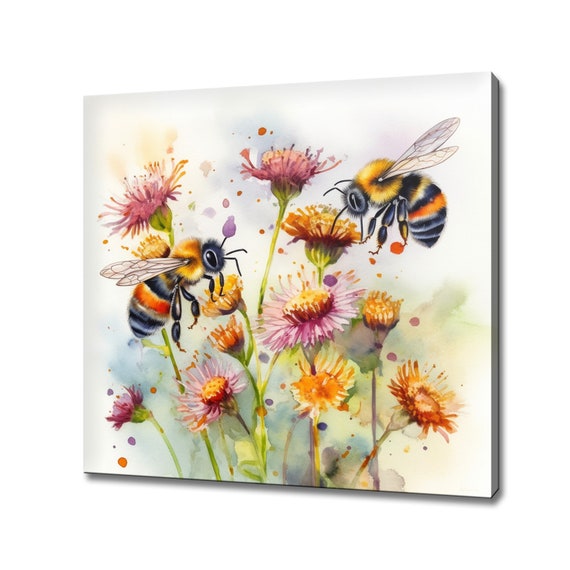 Honey Bees Sitting On Flowers Modern Floral Design Home Decor Watercolour Painting Style Print Wall Art Wild Flower Wall Art