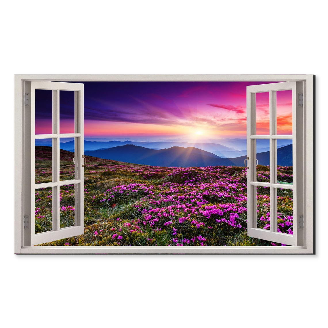 Purple Wildflower Meadow At Sunrise Mountain Range View Travel Poster