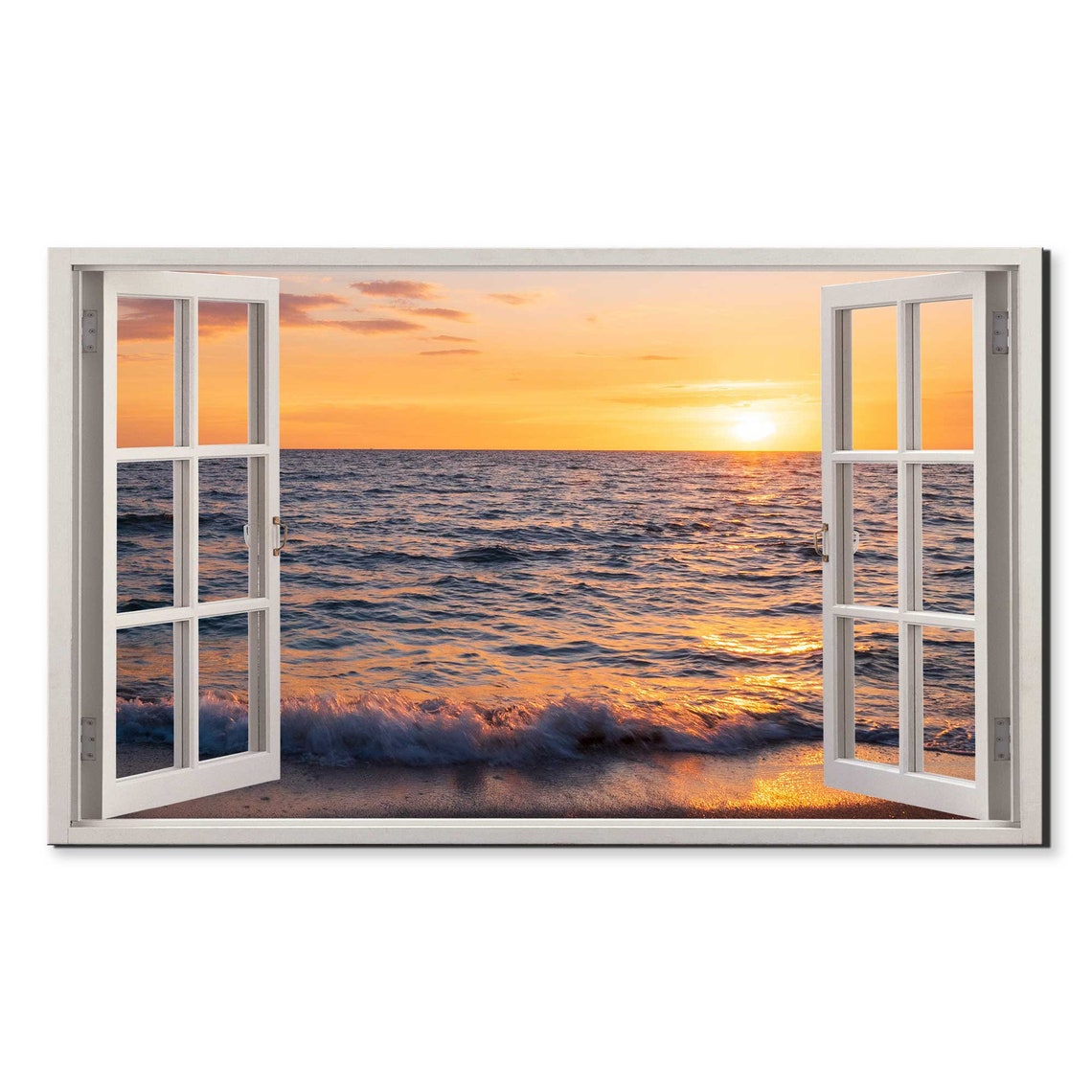 Bright Orange Sunset With Breaking Waves Through Open Window Poster