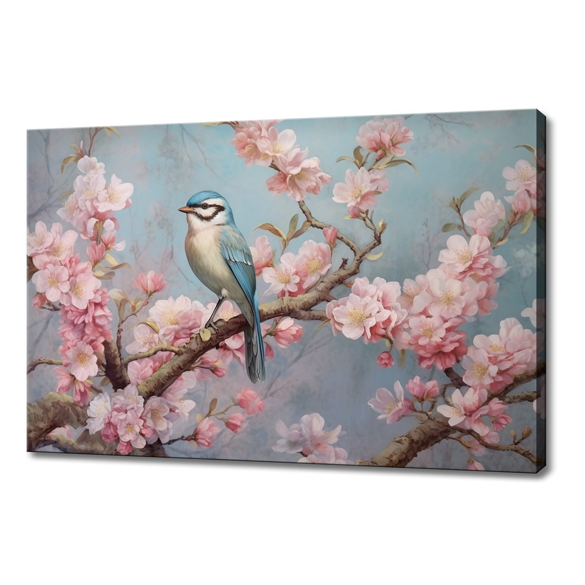 Blue White Songbird With Black Face Markings Blossom Branch Art Poster