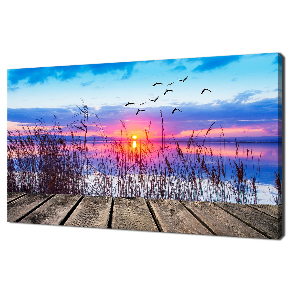 Pink Blue Sunset On The Lake Dock Modern Design Home Decor Print Wall Art Picture