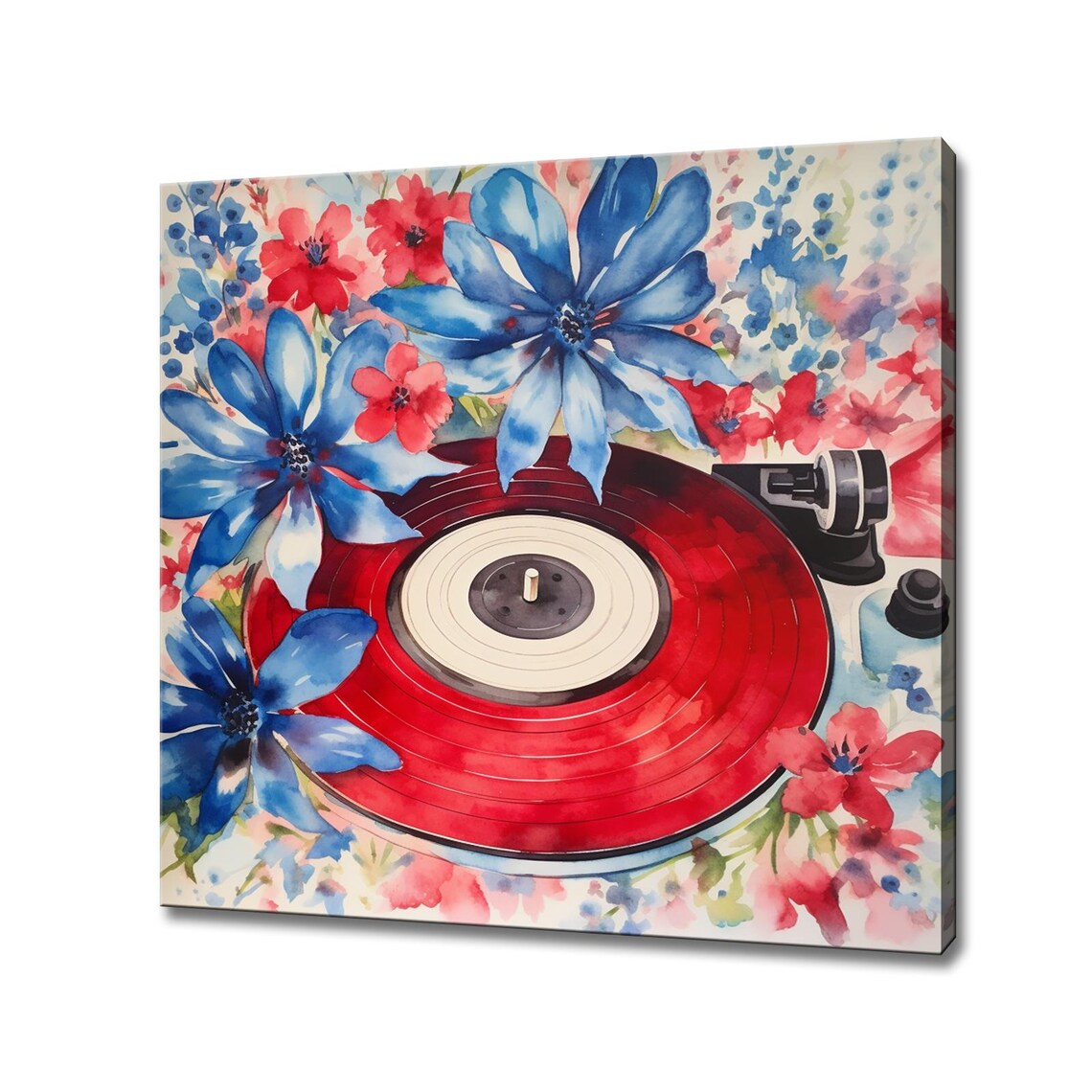 Red Vinyl Record Turntable Blue Flowers Watercolor Music Poster