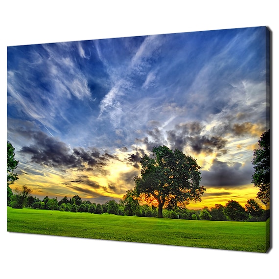 Stormy Cloudy Blue Sky Sunset Above Lonely Tree Modern Design Home Decor Print Wall Art Picture Wall Hanging