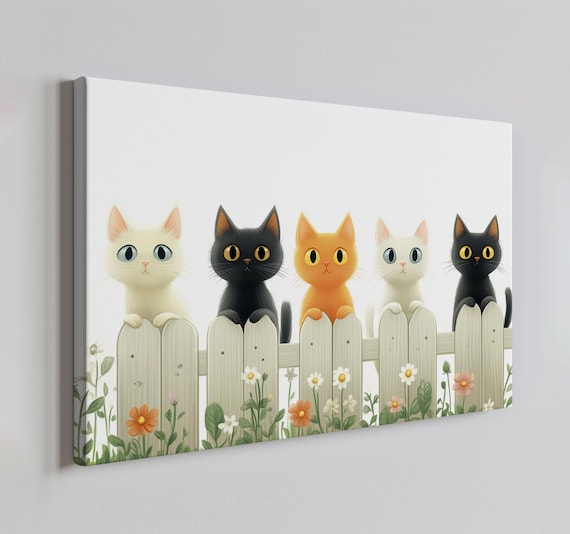 Five Cute Cats Peeking Over White Picket Fence Whimsical Kids Art Print