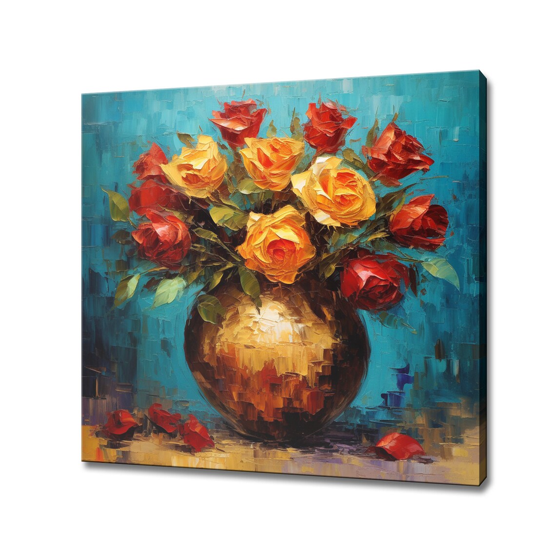 Red Yellow Roses Vase Impasto Oil Painting Teal Floral Wall Art