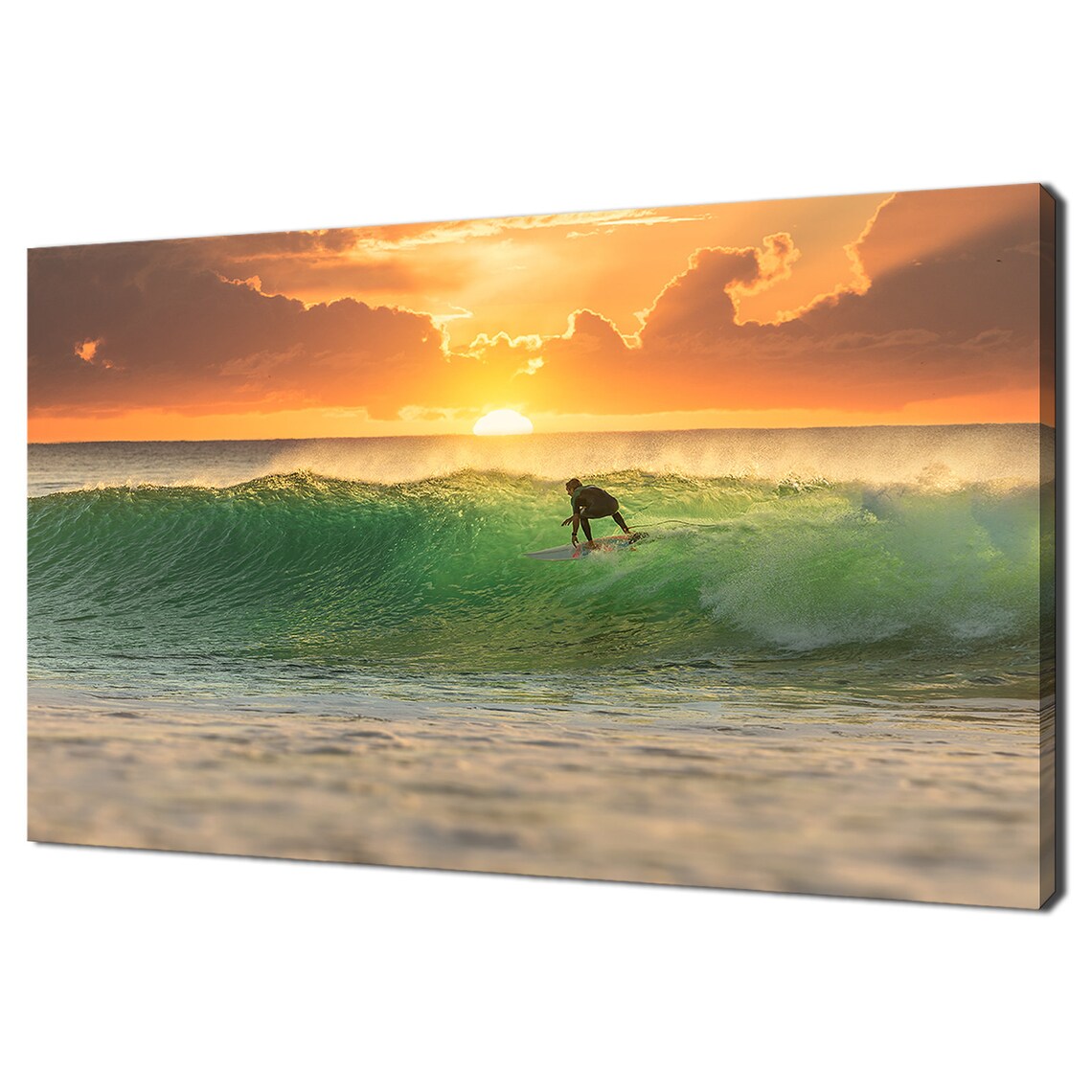 Surfer Riding Emerald Wave Golden Sunrise Seascape Action Wall Poster