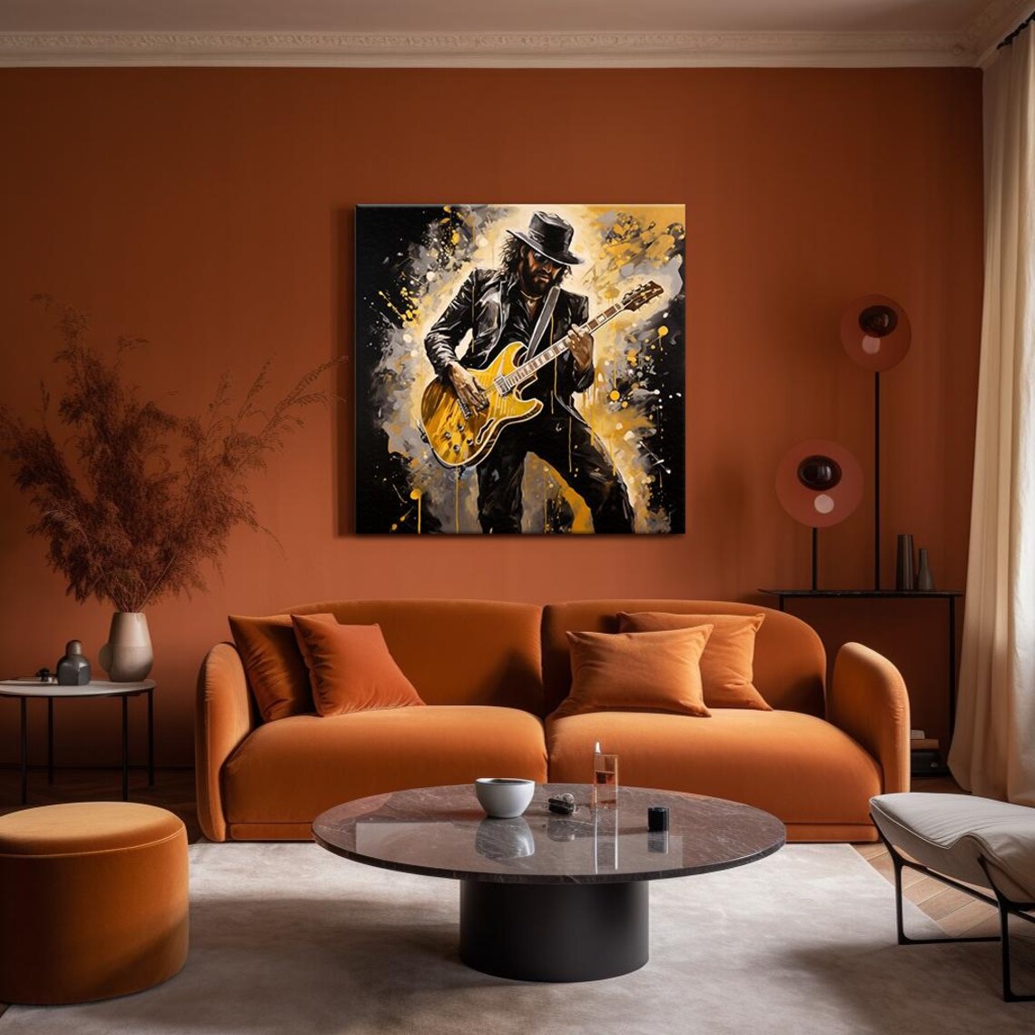 Electric Guitarist Hat Sunglasses Black Gold Live Music Poster - Image 4