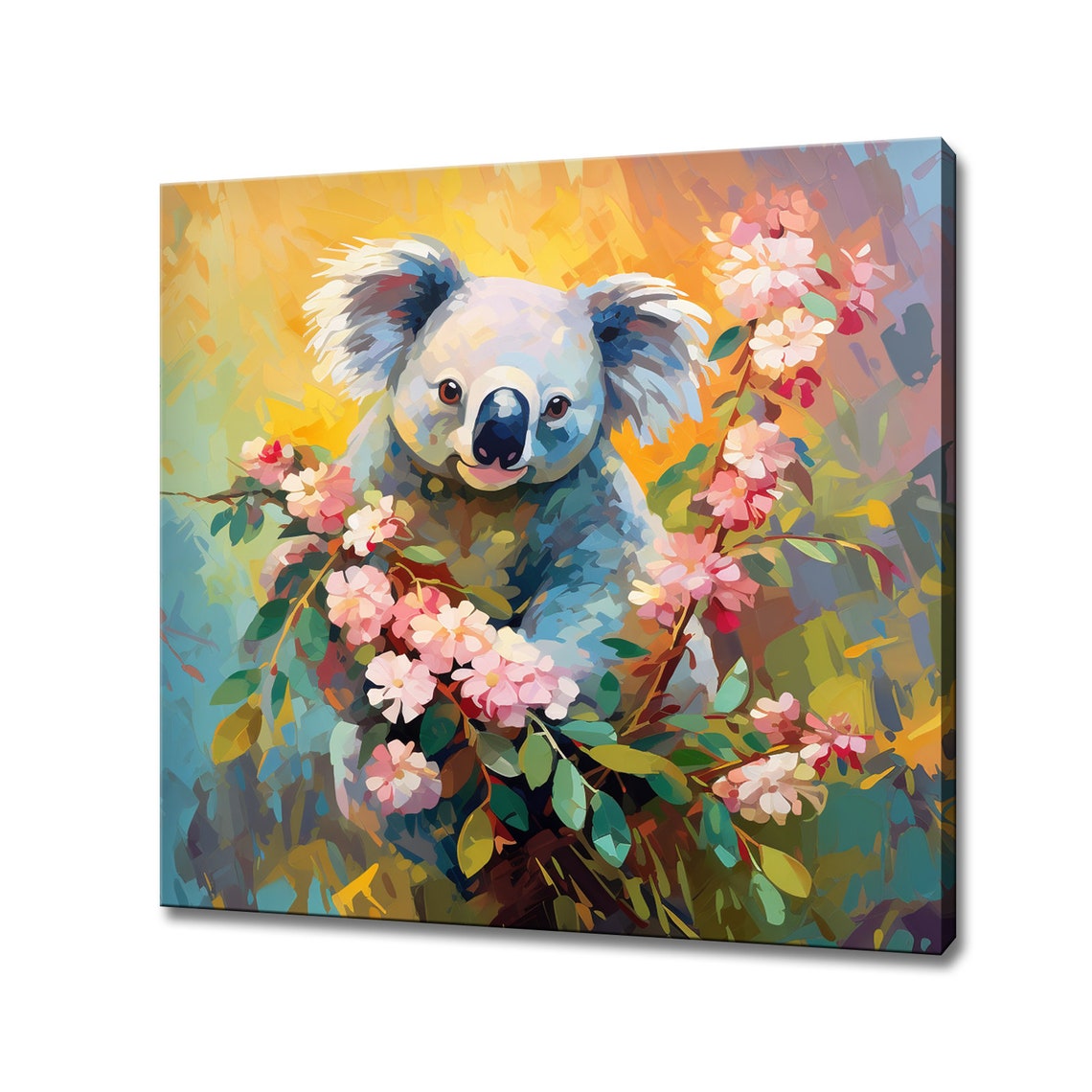 Koala Holding Flowering Branch Pink Blossoms Warm Sunny Poster