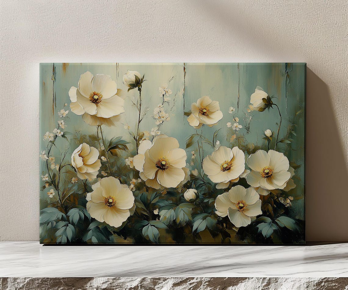 White Wildflowers Golden Centers Soft Teal Vintage Botanical Poster - Image 3