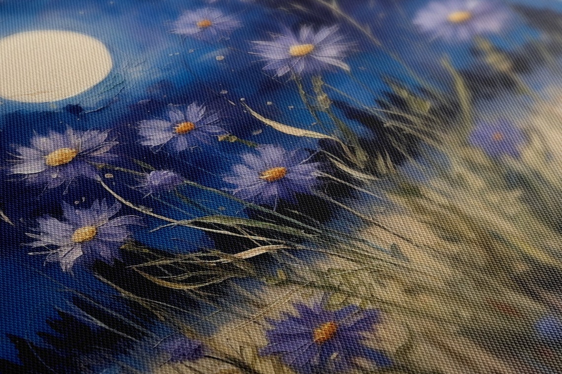 Cornflowers Field Under Full Moonlight Starry Night Wall Art Print - Image 4