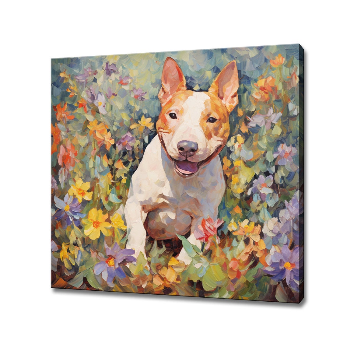 Cute White Bull Terrier Dog In Flowers Animal Print Gift For Dog Lover Colourful Dog Portrait Painting Print Dog Pet Wall Art