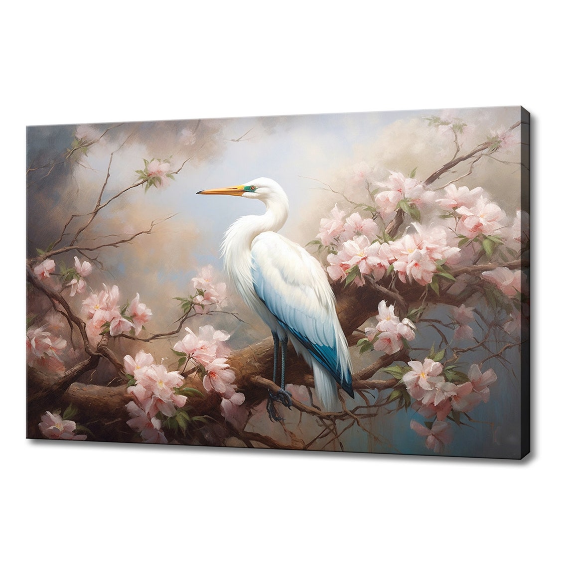 White Egret Perched Blossoming Tree Branch Dreamy Spring Art Poster