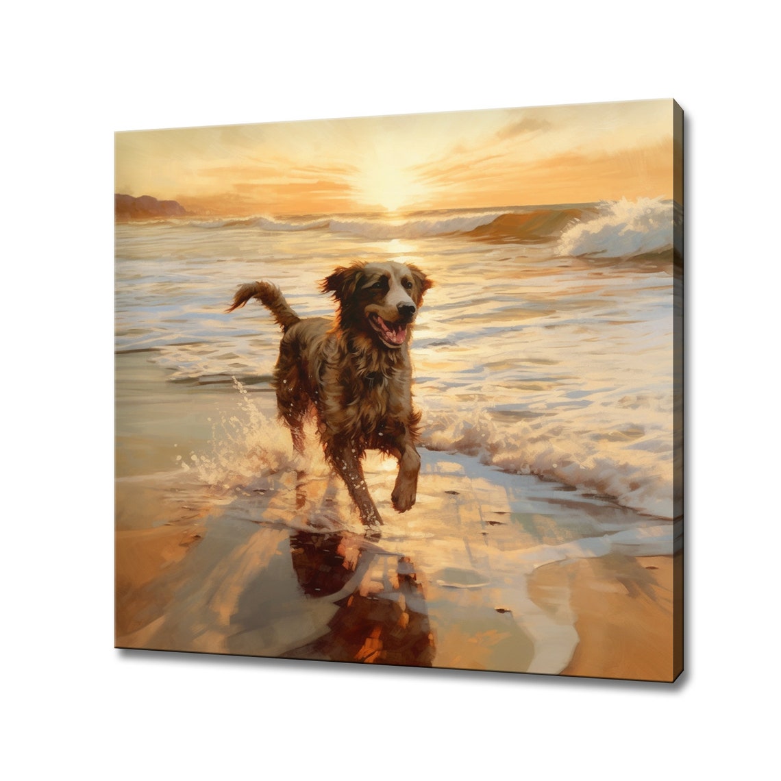 Happy Dog Running On The Beach At Golden Sunset Painting Print