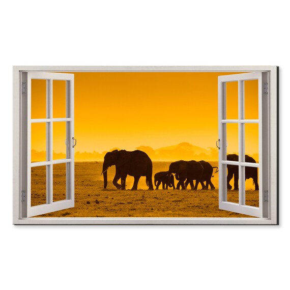 African Elephant Herd Sunset Silhouette Window View Safari Wall Art Poster
